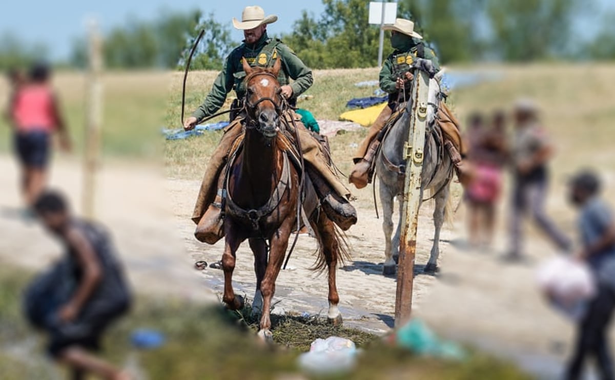 Slightly blurred image of federal agents on horses near the Rio Grande corralling Haitian refugees. (Image: John Moore/Getty Images.)