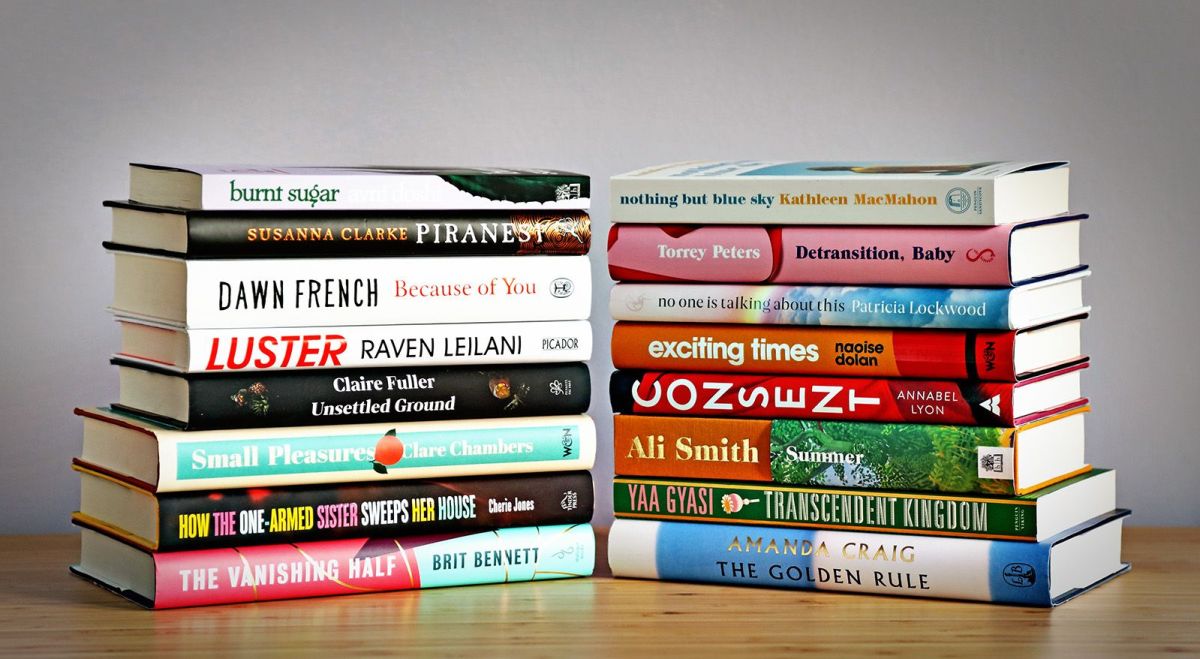 Two stacks of books comprising the Women's Prize for Fiction 2021 Longlist. (Image: Women's Prize for Fiction.)