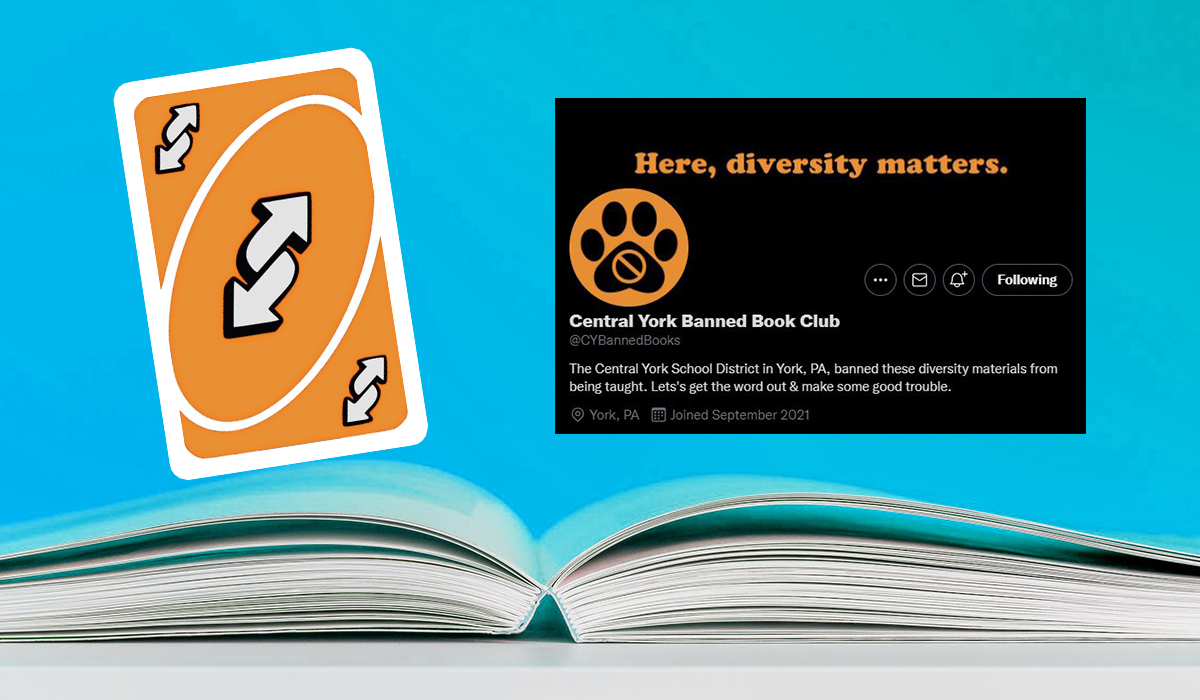 Logo of York Banned Bookclub, reverse uno card (but orange) floating above an open book. (Image: Alyssa Shotwell.)