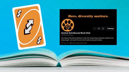 Logo of York Banned Bookclub, reverse uno card (but orange) floating above an open book. (Image: Alyssa Shotwell.)