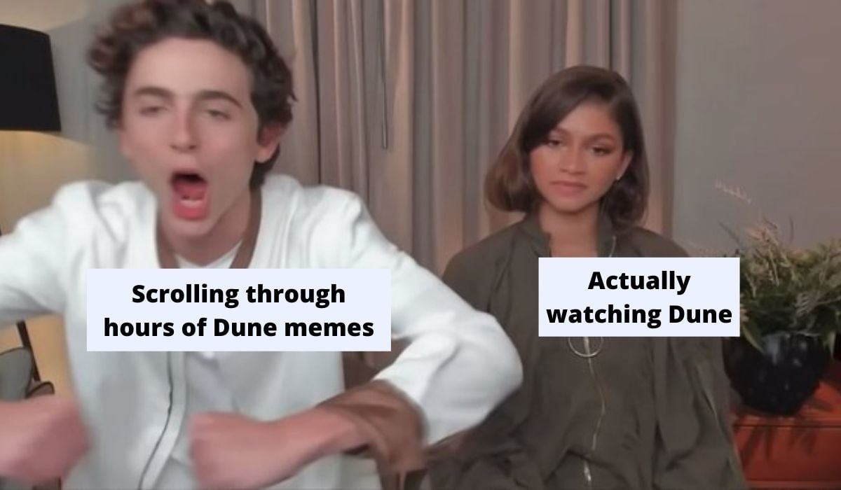 Excited Chalamet with the text "Scrolling through hours of Dune memes" and Zendaya looking dead inside with the text "Actually Watching Dune." (Image: Alyssa Shotwell and Warner Brothers.)