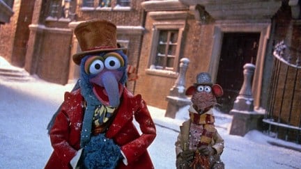 Gonzo and Rizzo walking in the snow in The Muppets Christmas Carol