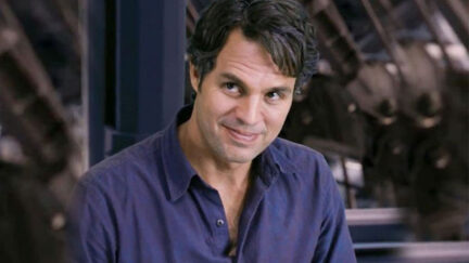 Wearing a purple shirt, Mark Ruffalo smiles as Bruce Banner in Avengers