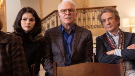 Selena Gomez, Steve Martin, and Martin Short pose in the lobby of 'Only Murders In the Building'