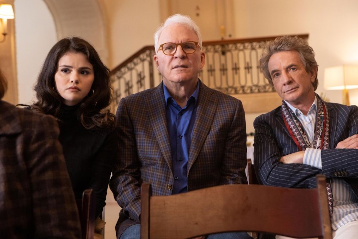 Selena Gomez, Steve Martin, and Martin Short pose in the lobby of 'Only Murders In the Building'