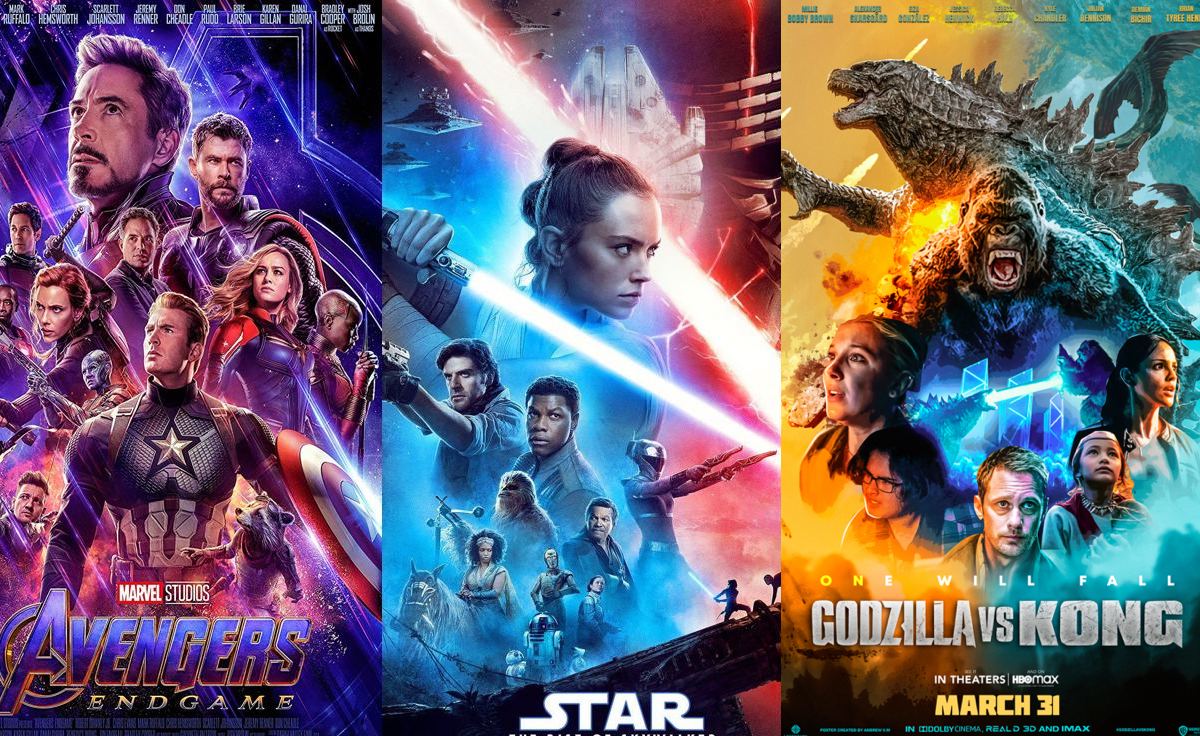 Movie posters for Marvel's Avengers: Endgame, Star Wars: The Rise of Skywalker, and Godzilla vs. Kong.