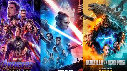 Movie posters for Marvel's Avengers: Endgame, Star Wars: The Rise of Skywalker, and Godzilla vs. Kong.