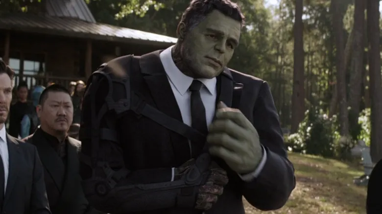 The Hulk looks sad with his arm in a sling at Tony Stark's funeral in Avengers: Endgame