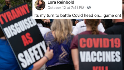 People are seen at a protest against masks, vaccines, with a Facebook message from Reinbold superimposed reading 