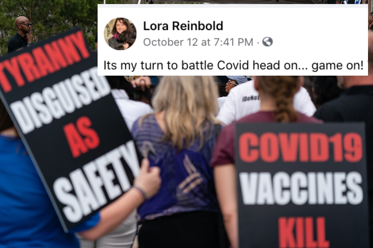 People are seen at a protest against masks, vaccines, with a Facebook message from Reinbold superimposed reading "It's my turn to battle Covid head on."