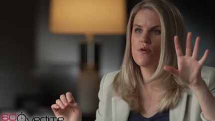 Frances Haugen gesticulates while speaking during a 60 Minutes interview