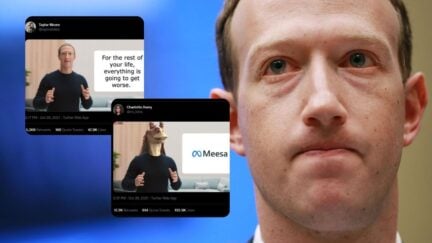 Facebook co-founder, Chairman and CEO Mark Zuckerberg next to two tweets making fun of META name change. (Photo by Chip Somodevilla/Getty Images, screenshots.)