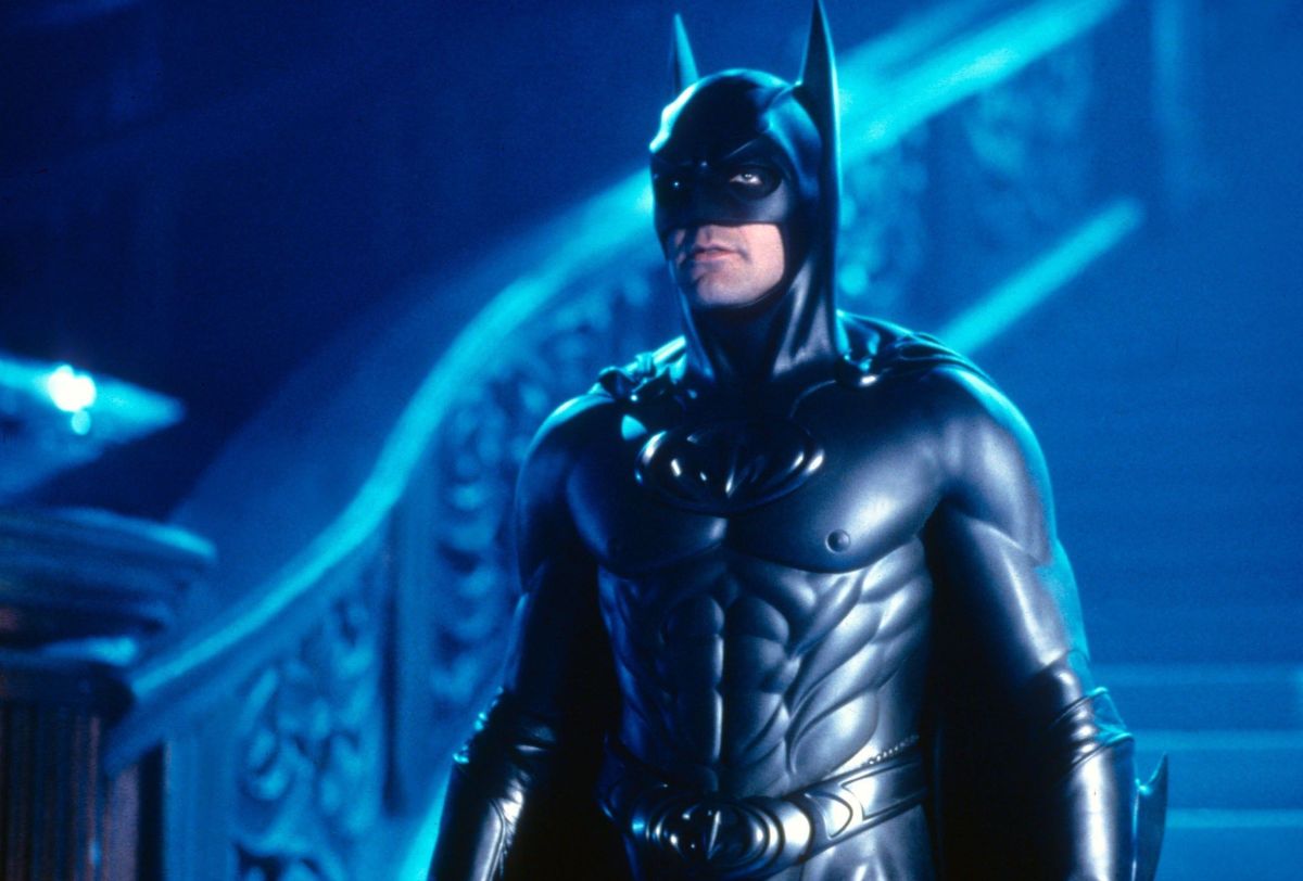 George Clooney as Batman standing with his nipples out in Batman & Robin