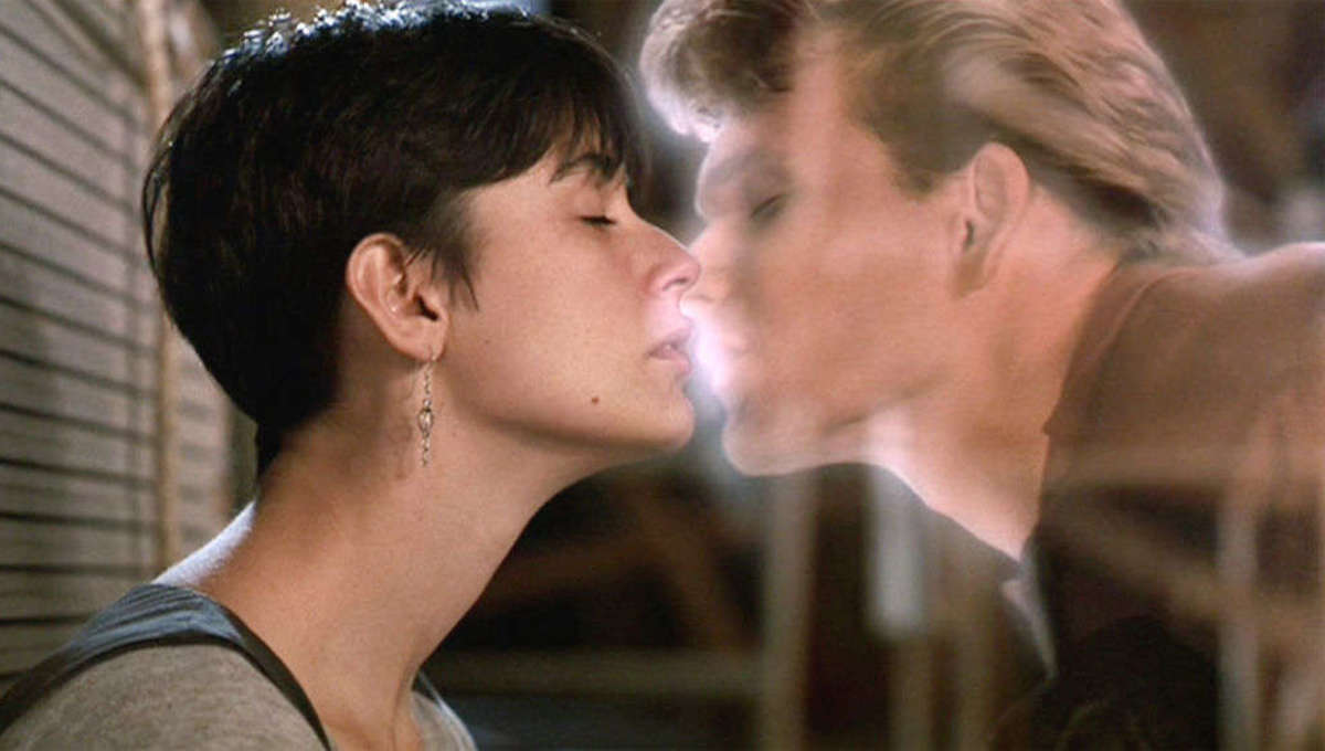 Demi Moore kisses the spirit of Patrick Swayze in the movie 'ghost'