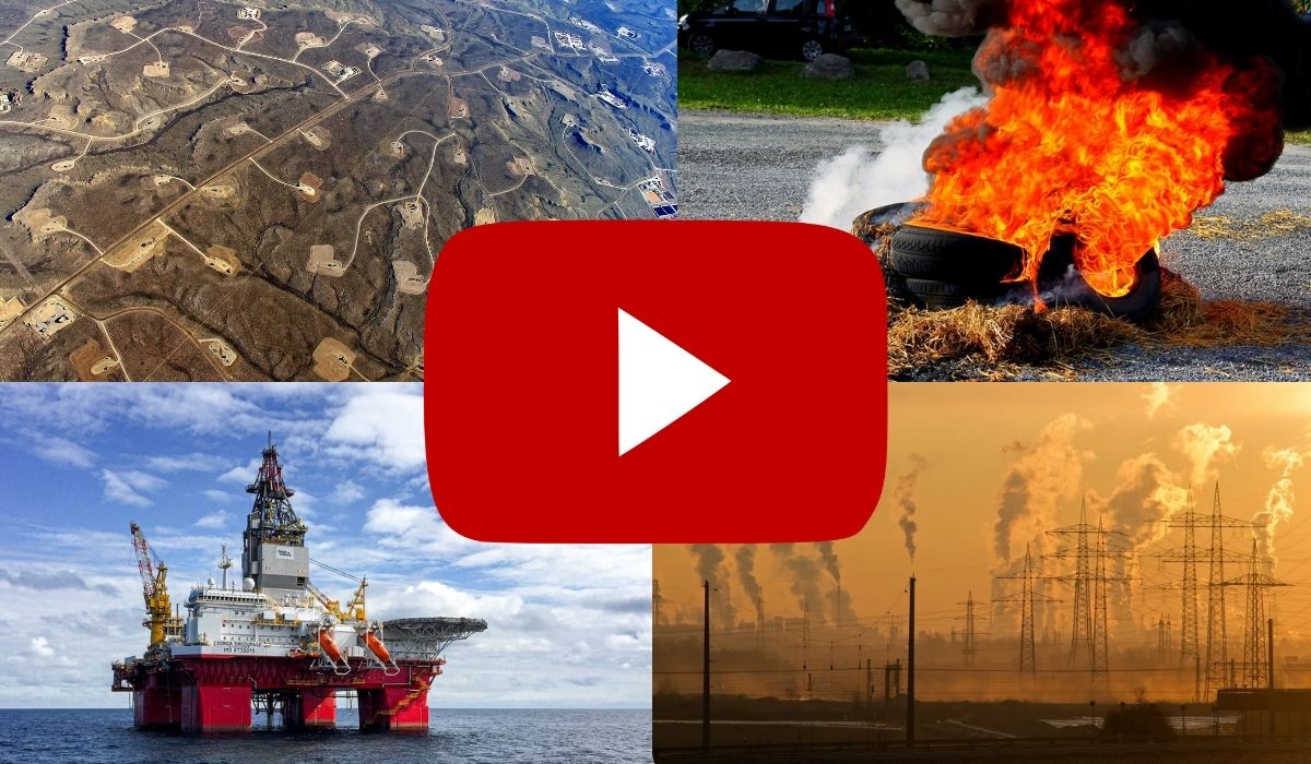 Google logo infront of big man made causes to climate change including hydraulic fracturing, trash/rubber burning, off shore drilling, and chemical/manufacturing pollution. (Image: Google/Youtube, Eco Flight, Pexels and Pixabay. https://ecoflight.zenfolio.com/p648196342/h32638d19#h32638d19 . https://pixabay.com/photos/tire-smoke-burn-rubber-fire-4972004/ . https://www.pexels.com/photo/oil-platfrom-rig-in-the-middle-of-the-ocean-3207536/ , and https://www.pexels.com/photo/air-air-pollution-climate-change-dawn-221012/ .)