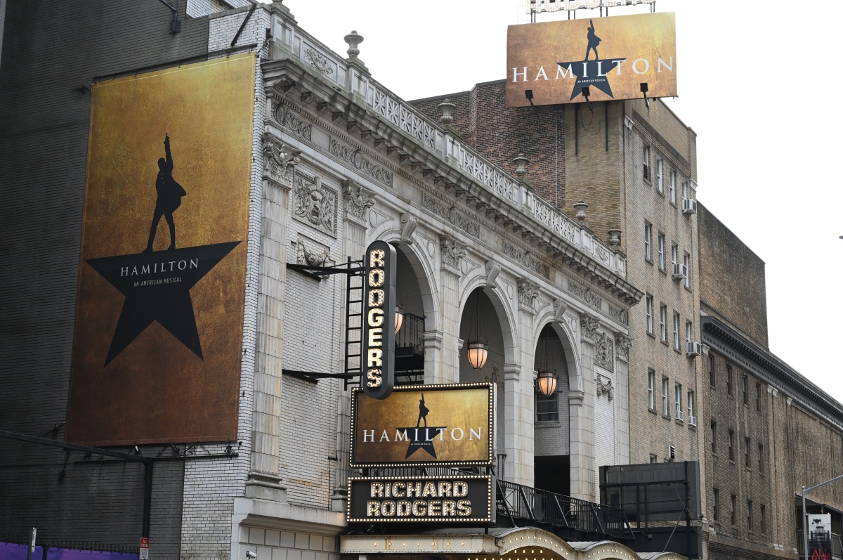 The Richard Rodgers Theatre is seen on June 6, 2019 located on 226 West 46th Street where "Hamilton", one of Broadways biggest hits, is playing in New York. - After triumphing on Broadway, the lower 48 and London's West End, "Hamilton" is eyeing its first non-English production as well as tours throughout Europe and Asia. The much-decorated musical, currently staged in London, New York and four other US cities each night, last month announced plans to launch in Sydney in early 2021 in a production expected to tour Australia before going to Asia, its producer said in an interview. (Photo by TIMOTHY A. CLARY / AFP) (Photo credit should read TIMOTHY A. CLARY/AFP via Getty Images)