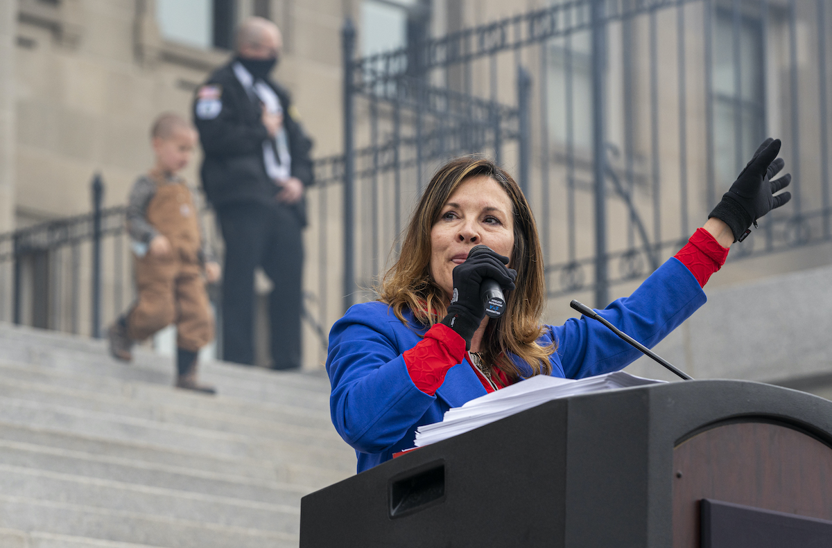 Idaho Lieutenant Governor Janice McGeachin speaks during a mask burning rally