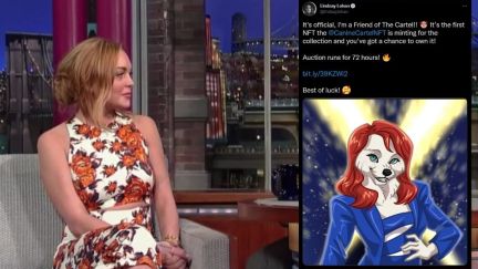 Lohan on the Letterman couch next to a tweet of her promoting her furry NFT with Canine Cartel. (Image: screenshot, CBS.)