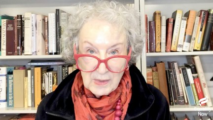 Margaret Atwood speaks in front of bookshelves in her home during Equality Now's Virtual Make Equality Reality Gala