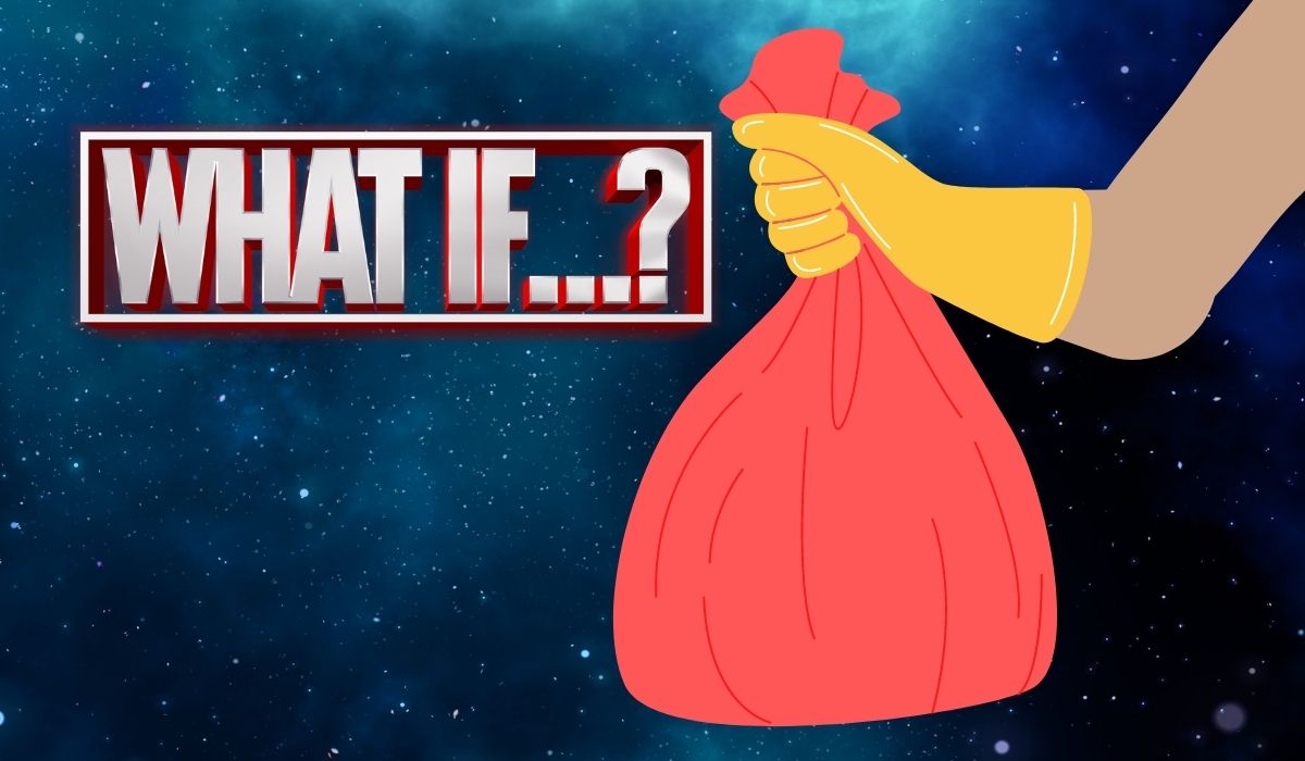 "What if...?" text logo next to a gloved hand with a bag of trash. All in SPACE. (Image: Marvel Studios and Alyssa Shotwell.)