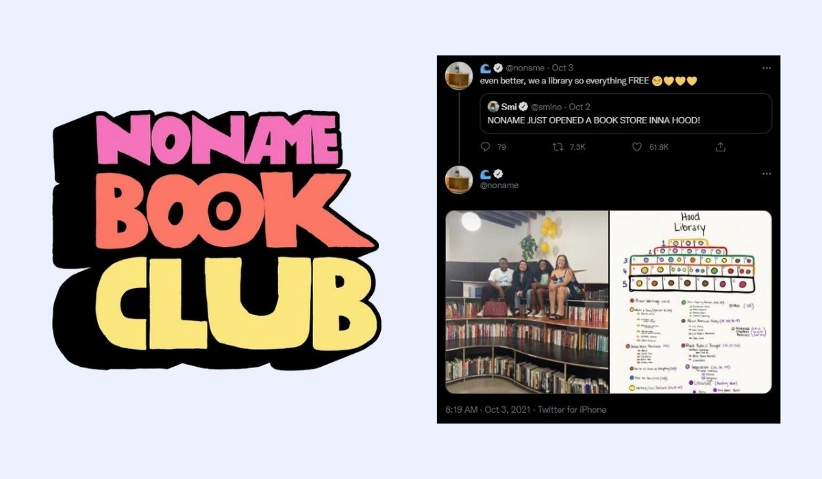 Noname Book Club logo next to a tweet showing some people at the library. (Image: Noname Book Club and Noname.)