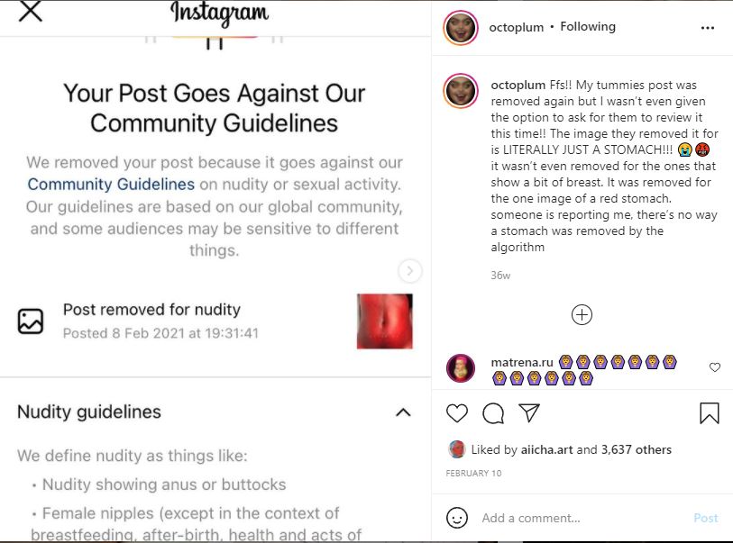 Someone reported an close up sculpture of a stomach. Art/account Octoplum.(screenshot) https://www.instagram.com/p/CLHsdSzHNAorx4NETV-auVmhVWKFO_H5i6mAIs0/