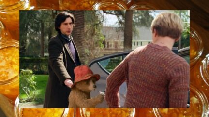 Paddington the bear photoshopped into a scene from A Marriage Story. Image on top of an image of marmalade. (Image: Jason, Amanda Slater via Flickr, Netflix, and Heyday Films.)