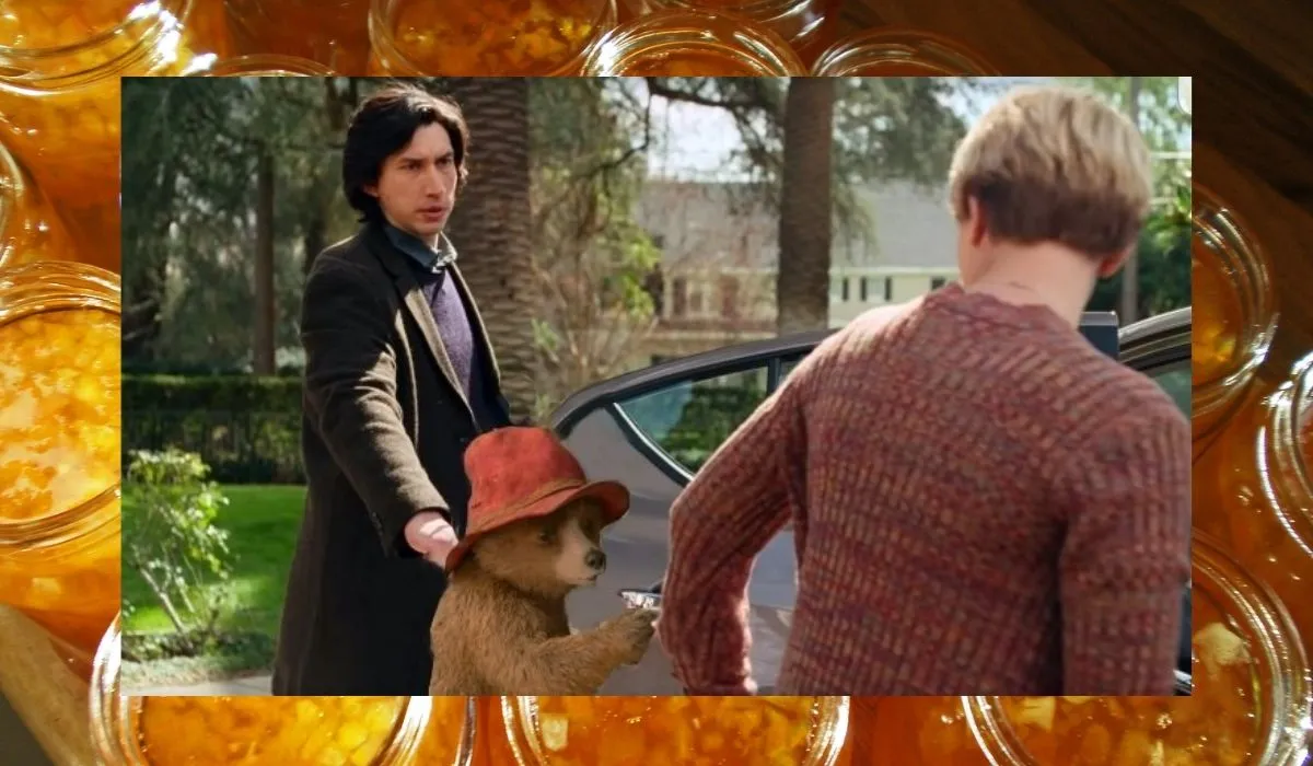 Paddington the bear photoshopped into a scene from A Marriage Story. Image on top of an image of marmalade. (Image: Jason, Amanda Slater via Flickr, Netflix, and Heyday Films.)