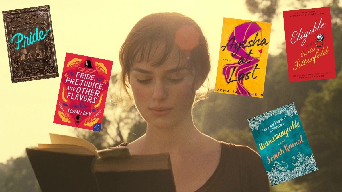 2005 Kiera Knightley "Pride & Prejudice" adaptation showing her reading while adaptions from underrepresented authors float around her. (Image: Universal Pictures, Balzer & Bray/Harperteen, Random House Trade, Berkley Books, William Morrow & Company, and Ballantine Books.)