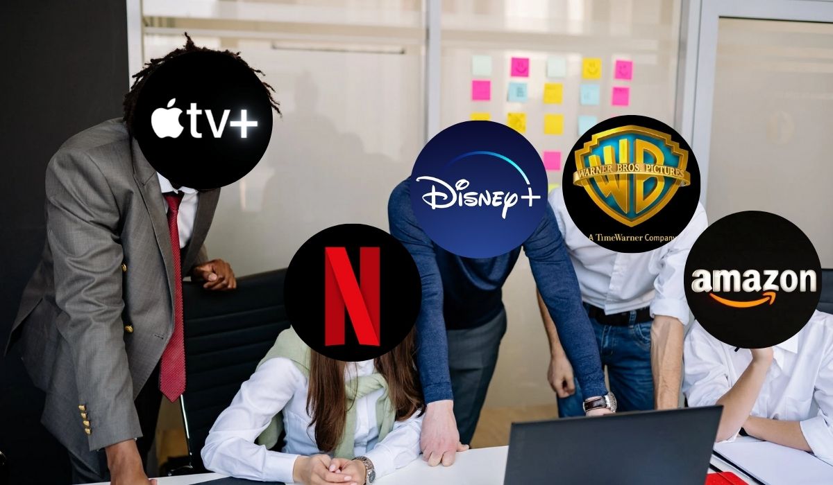 Production and Streaming services looking at a computer together. (Image: Apple, Netflix, Disney+, Warner Brother, and Netflix.)