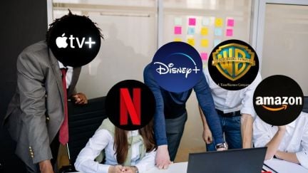Production and Streaming services looking at a computer together. (Image: Apple, Netflix, Disney+, Warner Brother, and Netflix.)