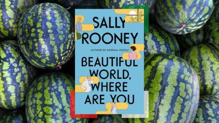 Sally Rooney book over and image of watermelons. Water melons are a symbol of Palestinian struggle/resistance. Four corners of the book have colors of the flag for the people of Palestine. (Image: Farrar, Straus & Giroux, and Alyssa Shotwell)