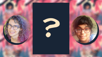 Blurred out copy of the comic as the background. Authors Profile photos of Marika McCoola and Aatmaja Pandaya flanking an image with a question mark. (Image: Algonquin Young Readers, Marika McCoola, and Aatmaja Pandaya.)