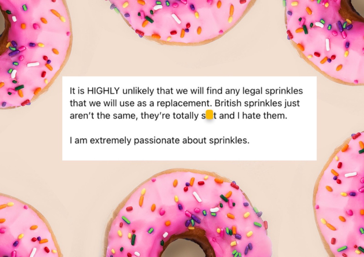 Pink donuts covered in sprinkles surround text about 'Sprinklegate' bakery