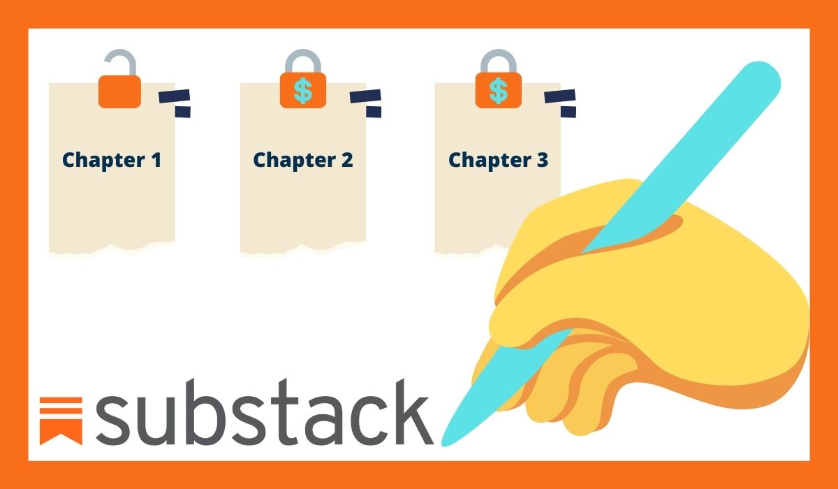 Chapters locked behind a paywall. Writing hand drawing Substack logo. (Image: Substack and Alyssa Shotwell.)