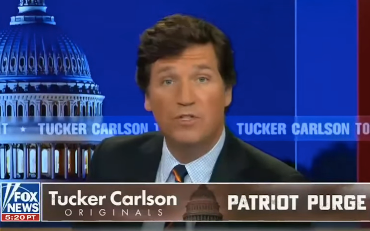 Tucker Carlson promotes the "Tucker Carlson Original" show "Patriot Purge" on his fox news show