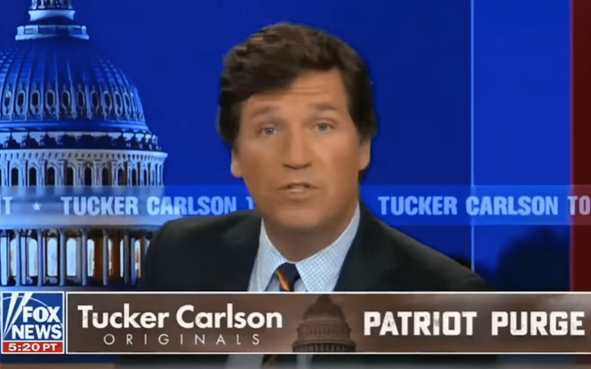 Tucker Carlson promotes the "Tucker Carlson Original" show "Patriot Purge" on his fox news show