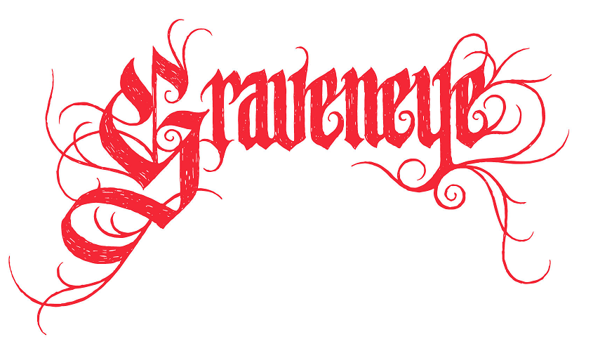"GRAVENEYE" in ornate red, handwritten font by Anna Bowles. (Image: TKO Studios.)