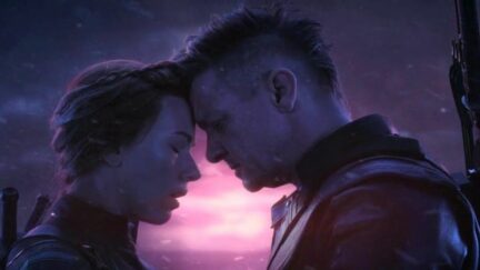 Natasha romanoff and clint barton touching foreheads in endgame