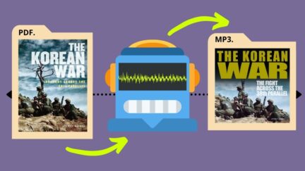 Robot turning book pdf into a book mp3. (Image: Amber Books Ltd, and Alyssa Shotwell.)