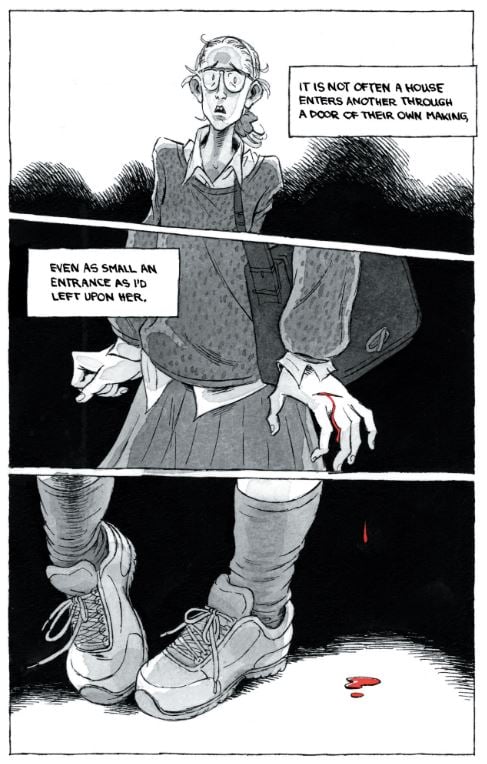 Timid, nervous character bleeding from GRAVENEYE graphic novel by Sloane Leong and illustrated by Anna Bowles. (Image: Anne Bowles, TKO .)
