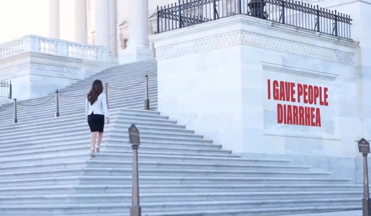 Representative Lauren Boebert walking up steps next to the phrase "I gave people diarrhea." (Image: screencap of Gabe Sanchez parody of Boebert video.)