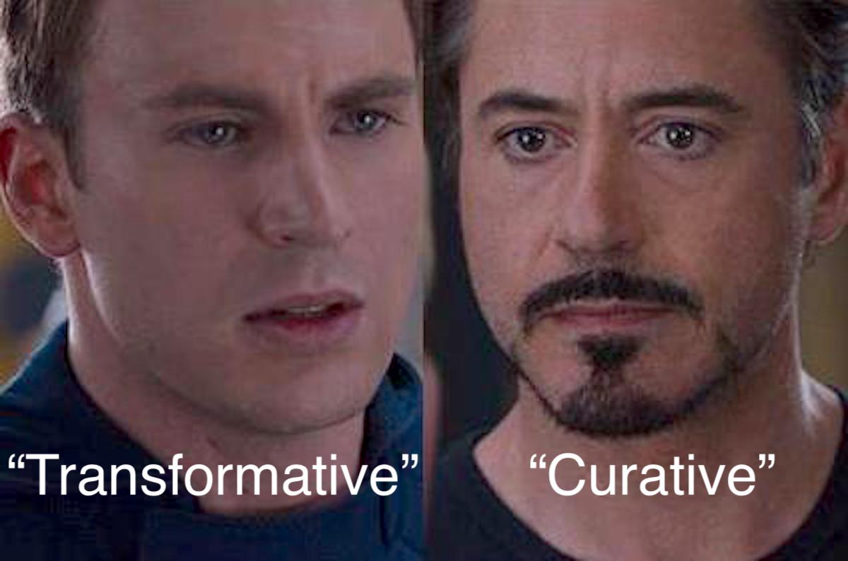 Captain America and Iron Man Civil War meme. Cap says "transformative," while Tony argues for "curative," types of fandom.