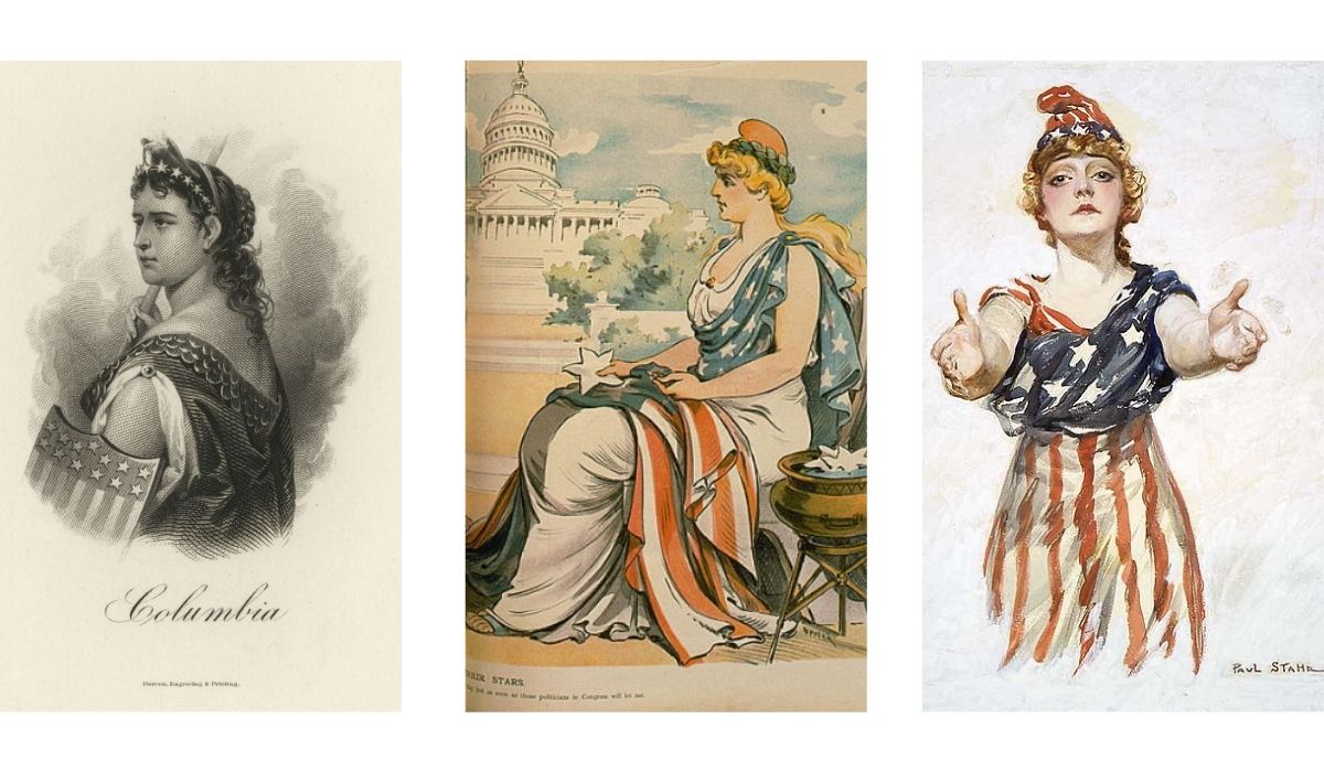 Three images showing some depictions of Columbia from 1880 - 1918. (Image: New-York Historical Society Library and Library of Congress.) Links: https://www.loc.gov/resource/cph.3g05608/ https://en.wikipedia.org/wiki/File:ColumbiaStahrArtwork.jpg https://womenatthecenter.nyhistory.org/american-woman-amerique-columbia-and-lady-liberty/