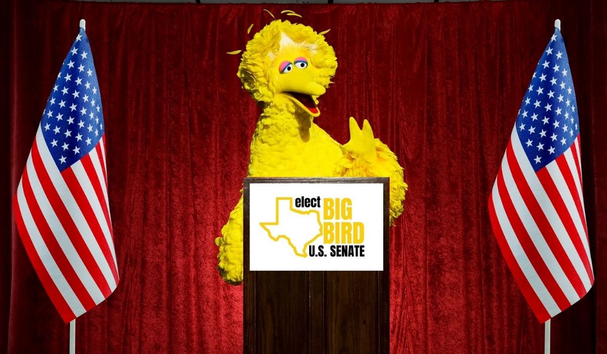 Big Bird at a podium in front of a campaign sign reading 