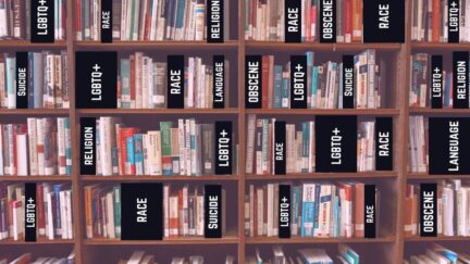 Library shelf with books hidden for content such as 