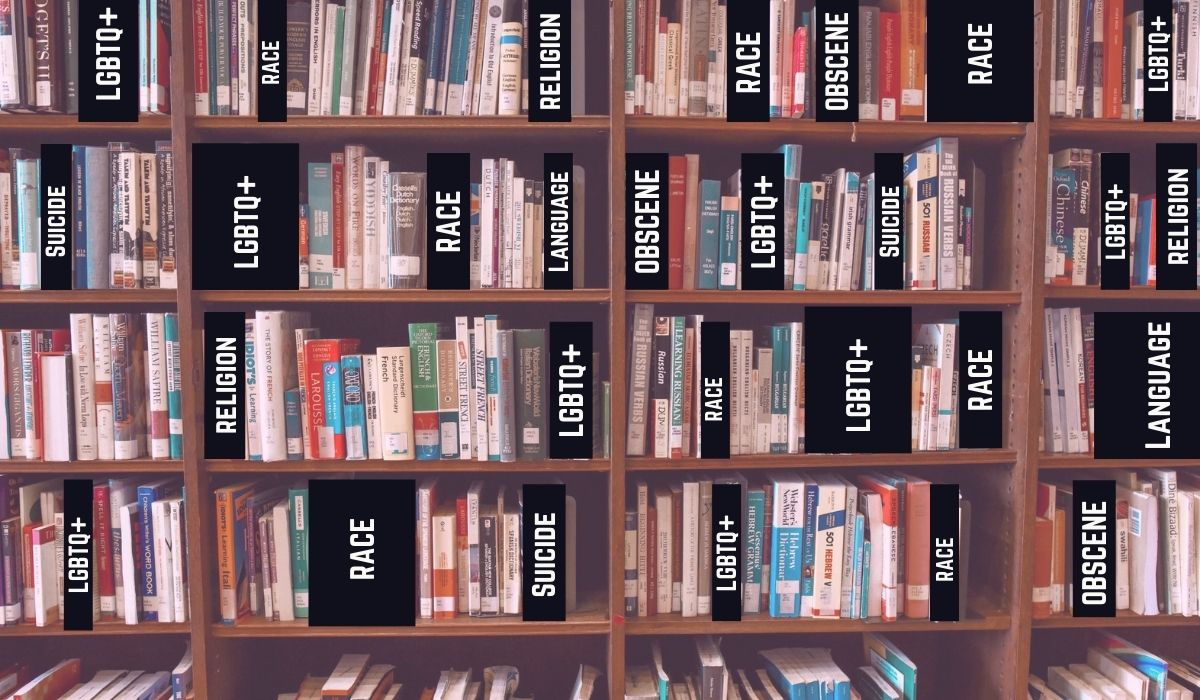 Library shelf with books hidden for content such as "LGBTQ+," "Race," "Obscene," etc. (Image: Alyssa Shotwell.)