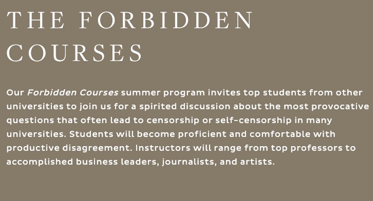 A screengrab of the university of austin's description of "the forbidden courses"