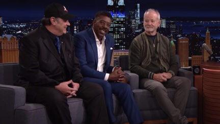 Bill Murray, Ernie Hudson, and Dan Aykroyd sitting on the couch at Jimmy Fallon