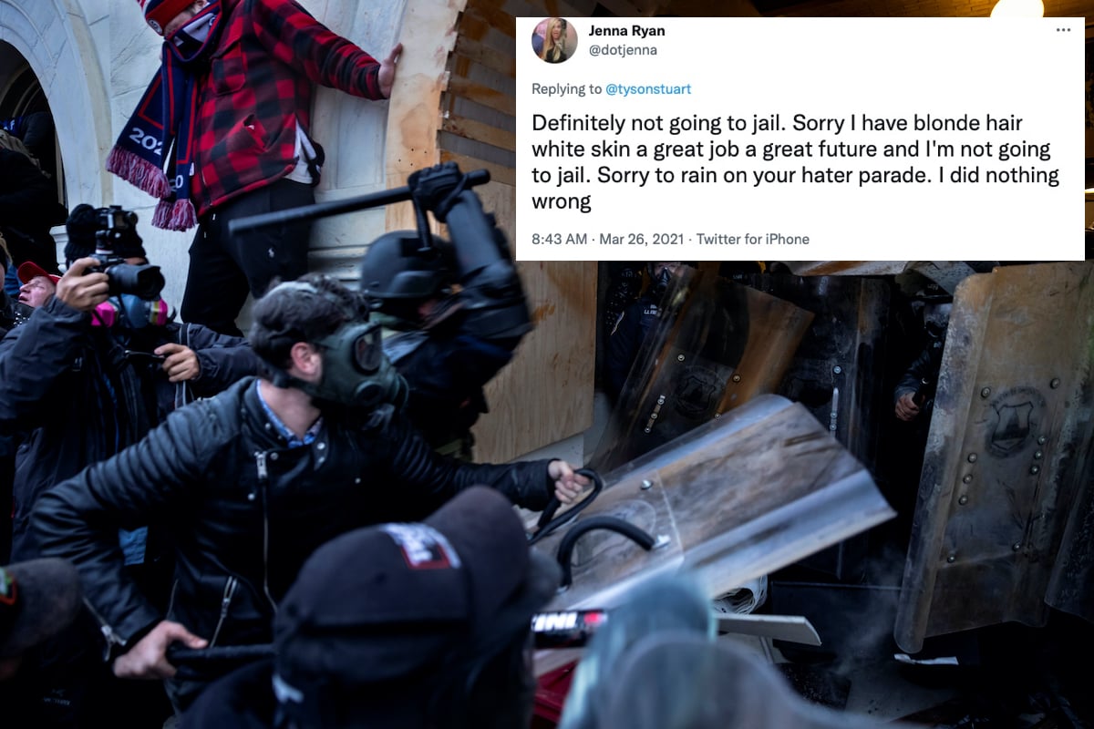 Trump supporters clash with police during the Capitol riot. Jenna Ryan's tweet overlaid.